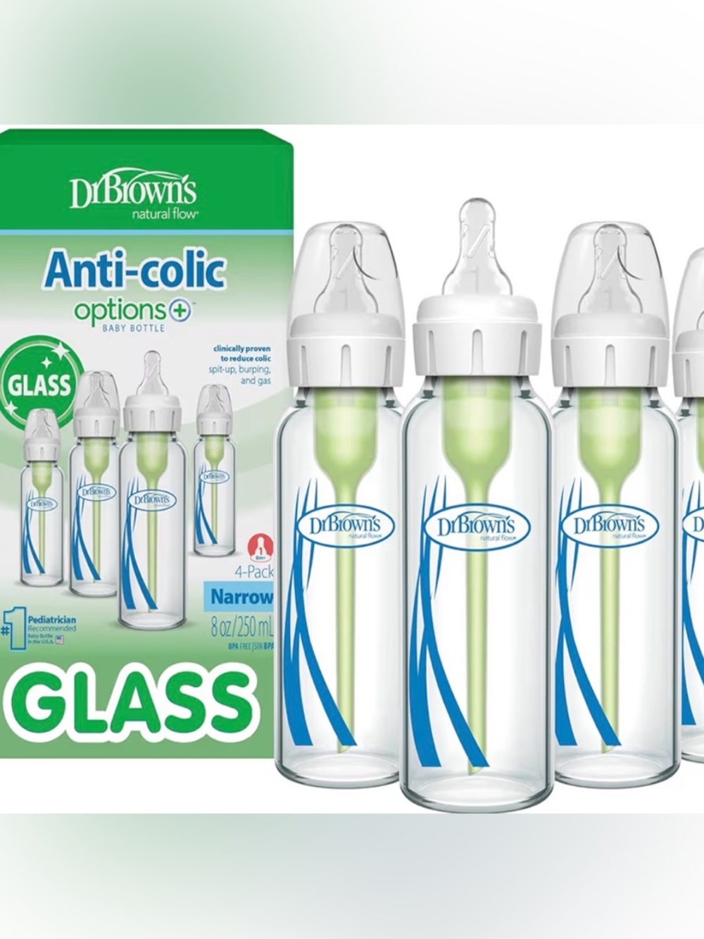 8oz Anti-Colic Narrow Neck Glass Baby Bottles -(4-Pack)